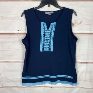By Design Top Womens L Blue Tank Crochet Trim Sleeveless Solid Cotton Stretch